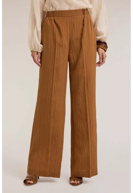 Официален панталон на райе с модал с еластична талия - Светлокафяв