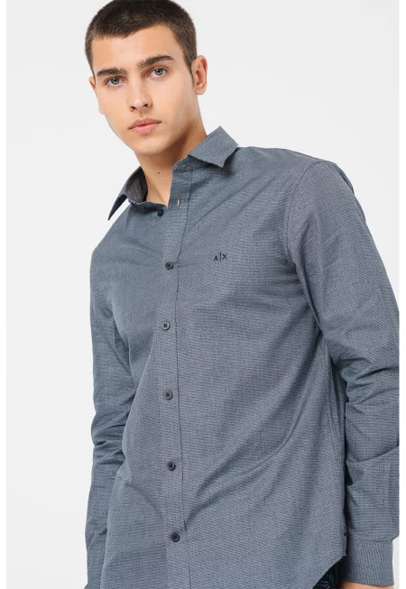 Памучна риза с остра яка - Ултрамарин синьо/Мръснобял