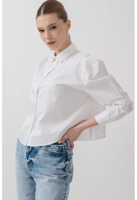 Памучна риза с паднали ръкави - Бял