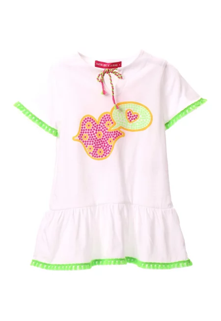 Памучна рокля с набран подгъв - Бял/Електриково Зелено