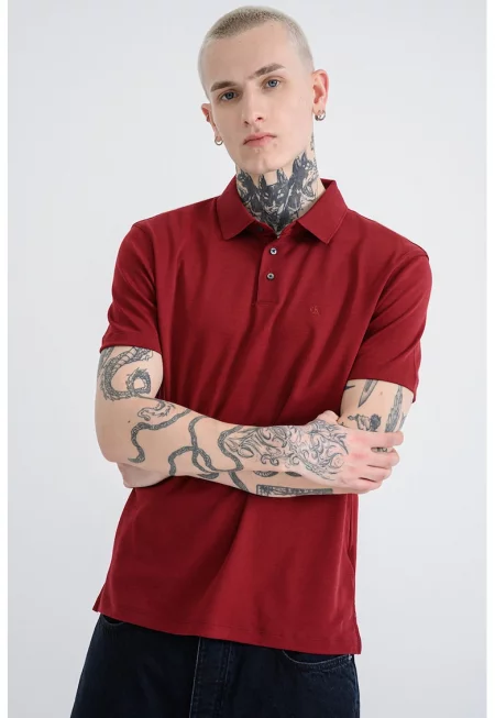 Памучна тениска с яка - Бордо