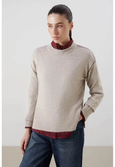 Плетен пуловер с паднали ръкави - Светло бежово