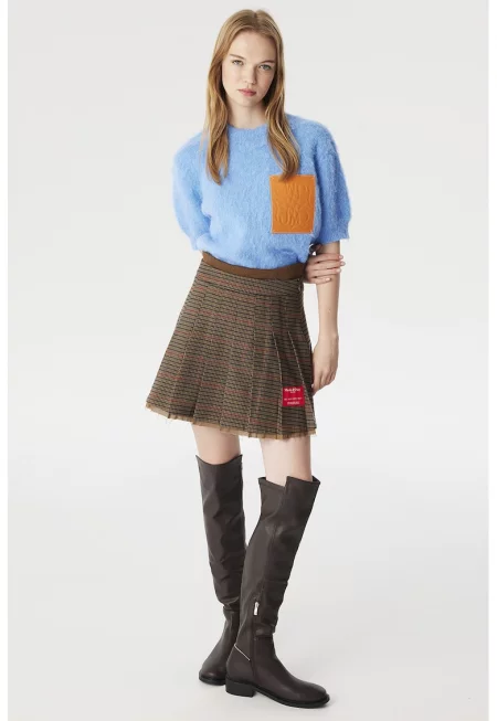 Плисирана пола с каре - Тъмночервен/Маслинено зелено