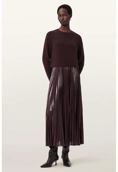 Плисирана рокля и пуловер с овално деколте - 2 части - Тъмновиолетов -