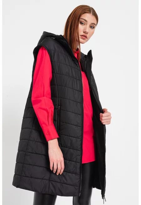 Подплатен елек с качулка - Черен