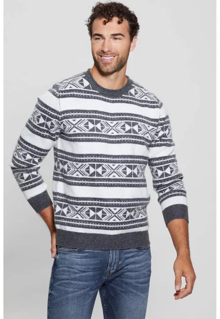 Пуловер с десен - Бял/Сив меланж