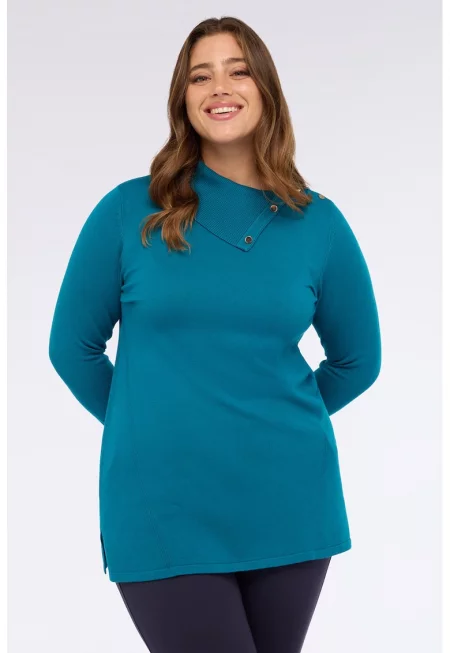 Пуловер с рипсена триъгълна яка тип поло