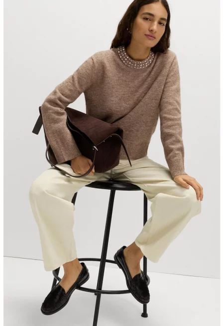 Пуловер с вълна с декоративни камъни - Бежов