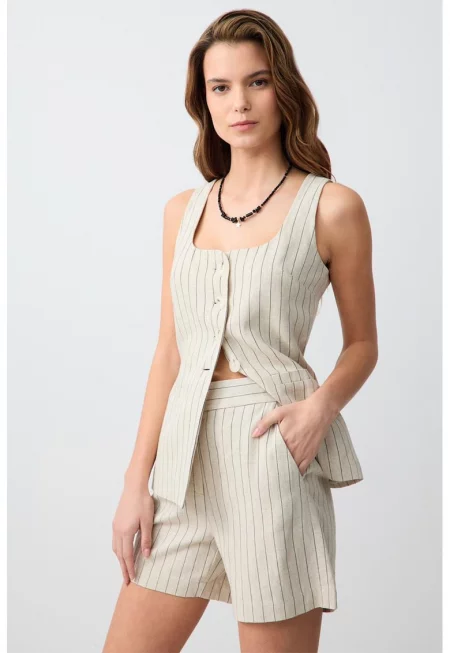 Раиран къс панталон с лен - Слонова кост