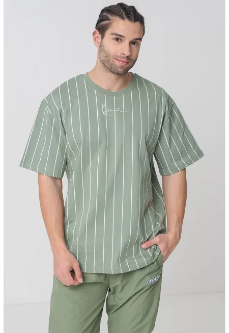 Раирана тениска с овално деколте - Аква зелено/Мръснобял