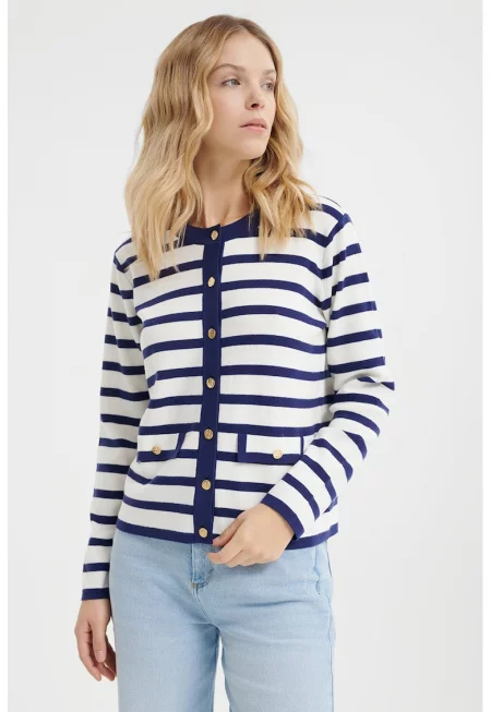 Раирана жилетка с копчета - Мръснобял/Тъмносин