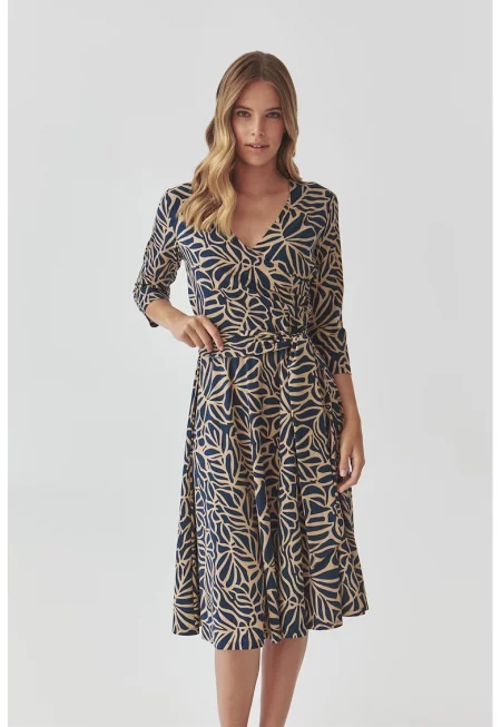 Разкроена рокля с принт - Тъмносин/Камел
