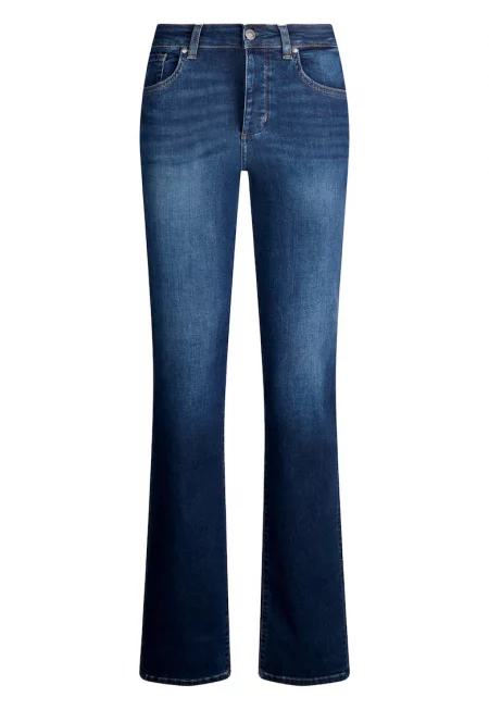 Разкроени дънки с миди талия - Син меланж