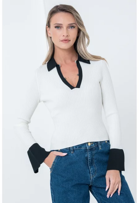 Рипсен пуловер с разкроени ръкави - Бял