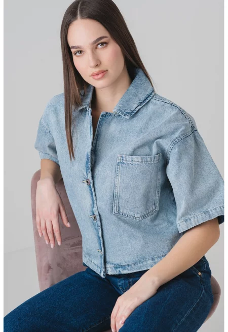 Риза от деним с паднали ръкави - Син меланж
