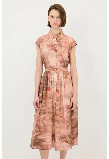 Рокля-риза с джобове - Светлокафяв/Прашно розово
