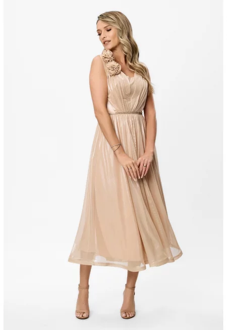 Рокля с флорални апликации - Бежов