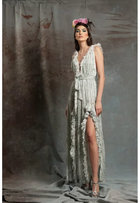 Рокля с коприна Aloe с дълбок шпиц и дипли - Зелен