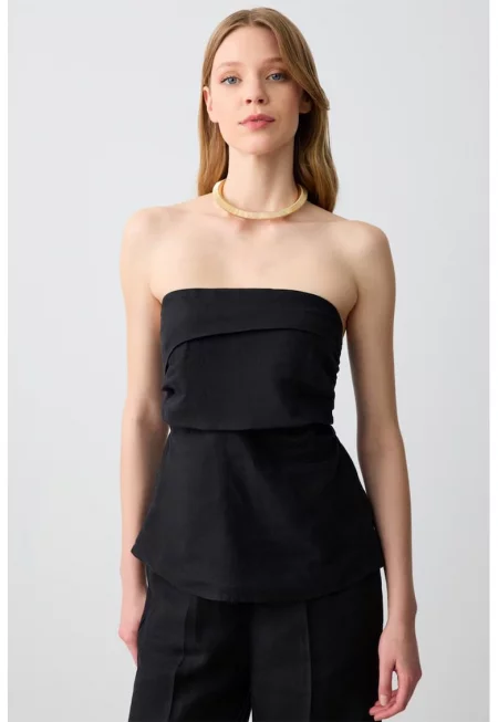 Слим ленен топ - Черен