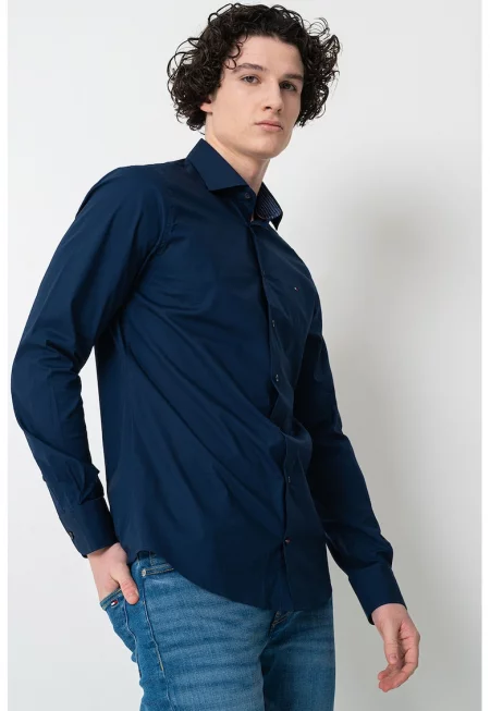 Слим риза с памук - Тъмносин