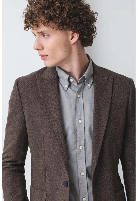 Слим сако с вълна - Кафяв меланж