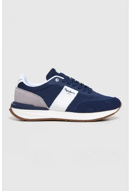 Спортни обувки с мрежести зони и велур - Бял/Светло сив/Тъмносин