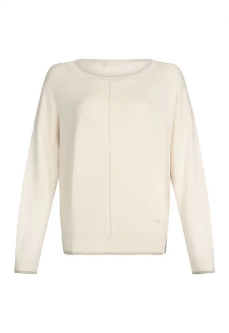 Свободен фино плетен пуловер - Светло бежово