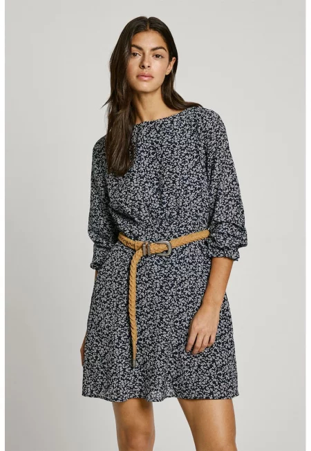 Свободна флорална рокля - Мръснобял/Тъмносин