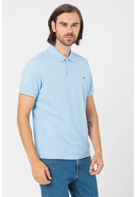 Тениска от памучно пике с яка - Светлосин