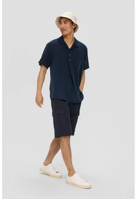 Тениска с лиосел и лен с яка - Тъмносин