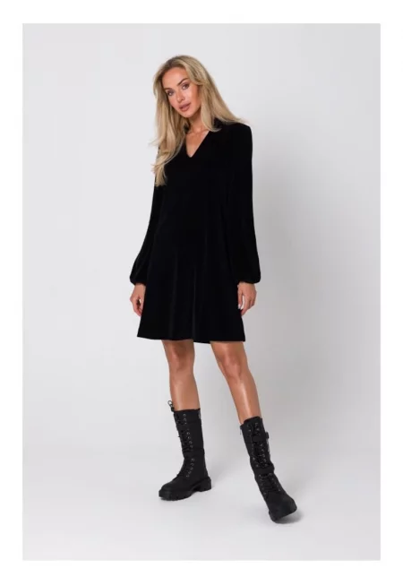 Трикотажна рокля с форма на трапец - V-образно деколте - дълги ръкави - памук/полиестер - черна - M