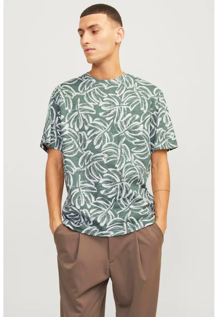 Тропическа тениска с овално деколте - Бял/Аква зелено