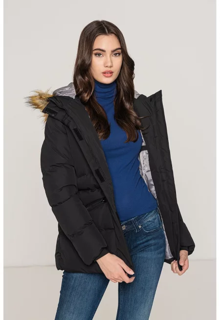 Ватирана зимна парка Crown Lady с качулка - Черен