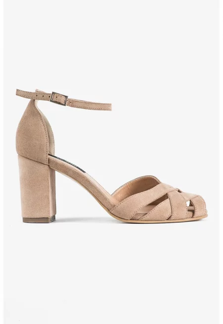 Велурени сандали Boho с масивен ток - Розова сьомга