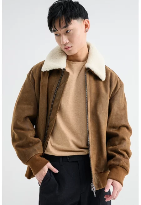 Яке Jonier от набук с яка от агнешка козина - Карамел