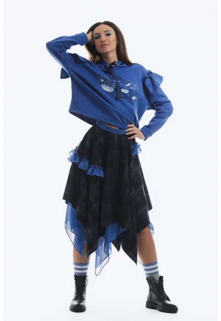 Асиметрична миди пола с дипли - Сив/Син