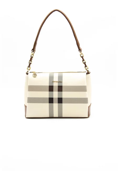 Чанта  Еко кожа с кариран мотив - Черен/Кафяв/Крем - 20x25x11