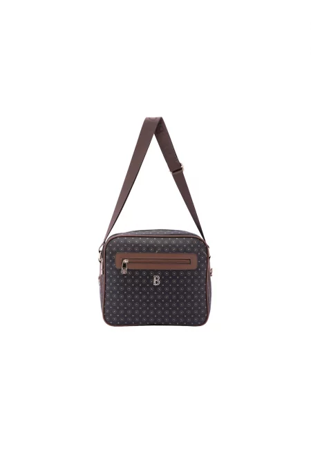 Чанта през рамо от еко кожа с шарка и лого на презрамката - Черен/Кафяв