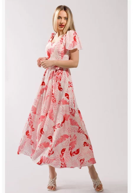 Дълга разкроена рокля с принт - Бял/Розово