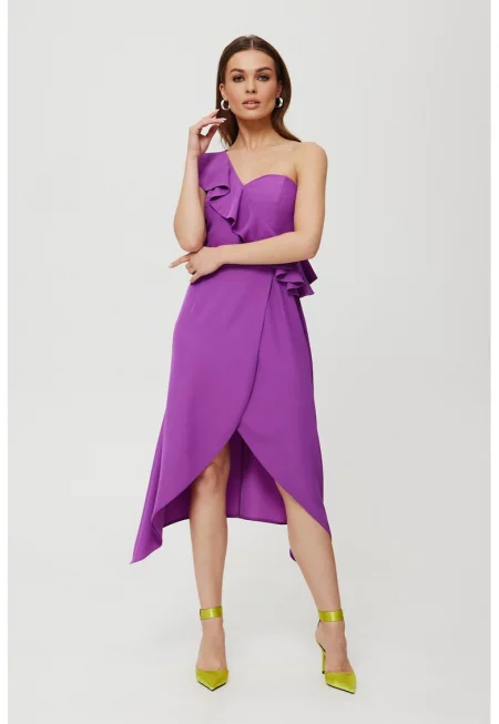 Дамска рокля - с волани на едното рамо - Полиестер - Черна - 969785