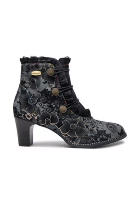 Дамски боти -  естествена кожа - черен - флорален модел