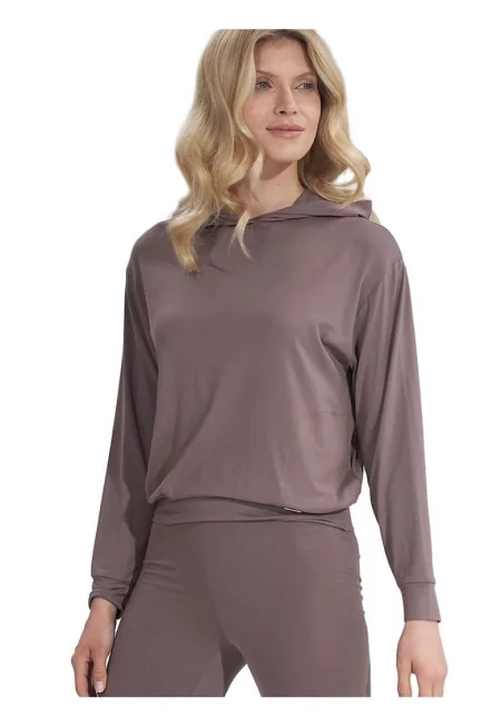 Дамски суичър  тънък - с качулка - дълги ръкави - кафяв - вискоза -