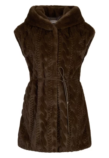 Елек от еко кожа с качулка - Тъмнокафяв