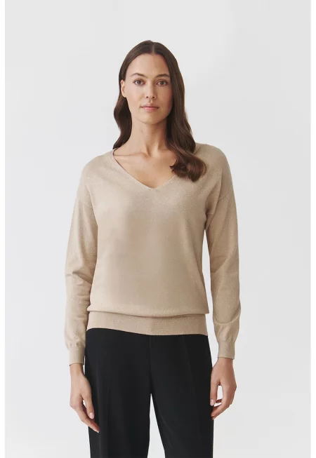 Фино плетен шпиц пуловер - Светло бежово