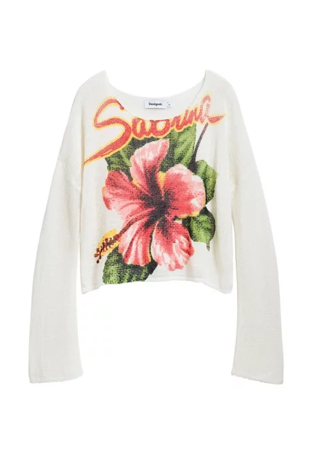 Флорална блуза с памук с паднали ръкави - Мръснобял/Розово/Папратово зелено