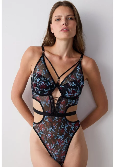 Флорално мрежесто боди с отвори - Черен/Светлосин