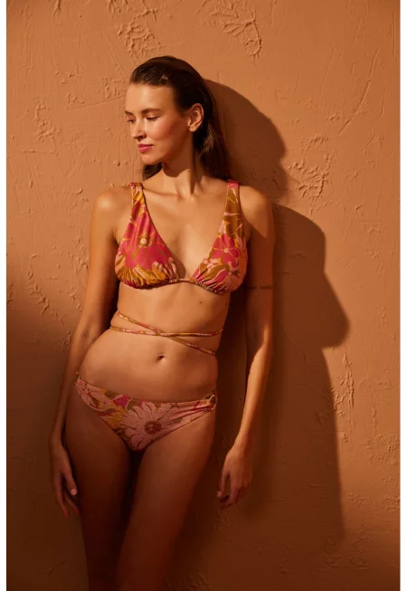 Горнище на бански с тропическа шарка и блясък - Златист/Розово