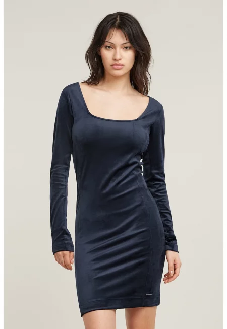 Къса рокля с кадифен ефект - Тъмносин