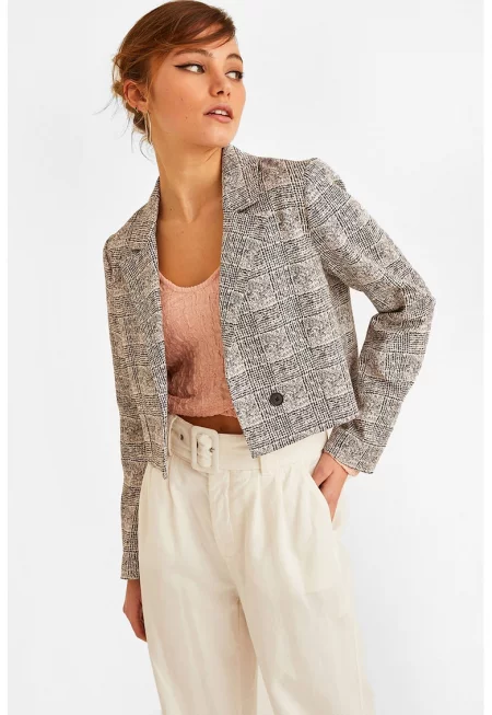 Късо сако с раздвоен ревер - Слонова кост/Избеляло черно