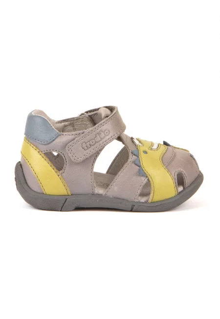 Кожени сандали с динозавър - Прашно синьо/Шафраново жълто/Светло кафяво